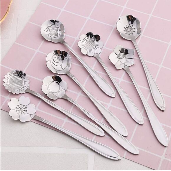 Silver Gold 8pcs Stainless Steel Flower Spoon Set - Picture 8 of 16
